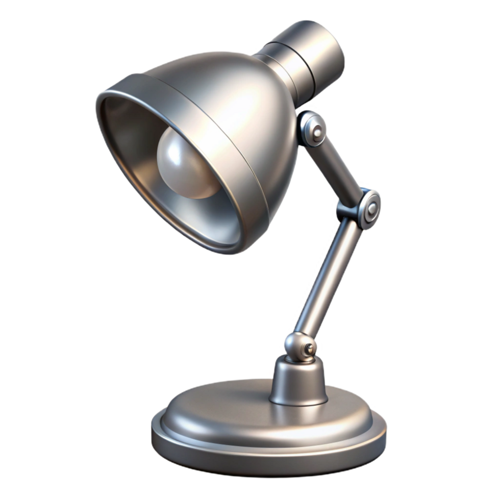 alluring surreal Desk lamp, metallic silver, adjustable arm, off, dramatic lighting, product shot, isolateon transparent background,high-resolution product photography studio quality png
