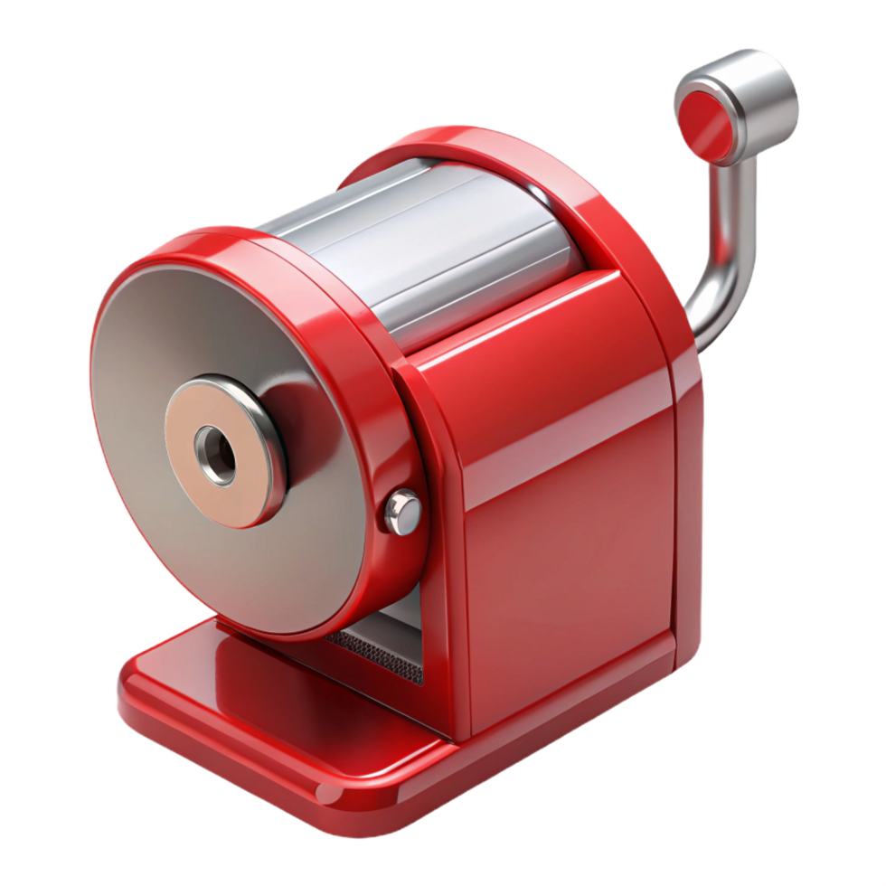 beautiful playful surreal Pencil sharpener, metallic red, hancrank, front view, studio lighting, product shot, isolateon transparent background,high-resolution product photography exclusive png