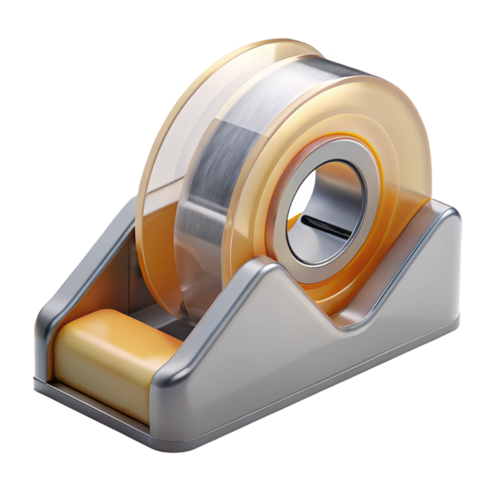 pristine timeless Tape dispenser, weighted, clear acrylic, with transparent tape loaded, front view, studio lighting, product shot, isolateon transparent background,high-resolution product photography png