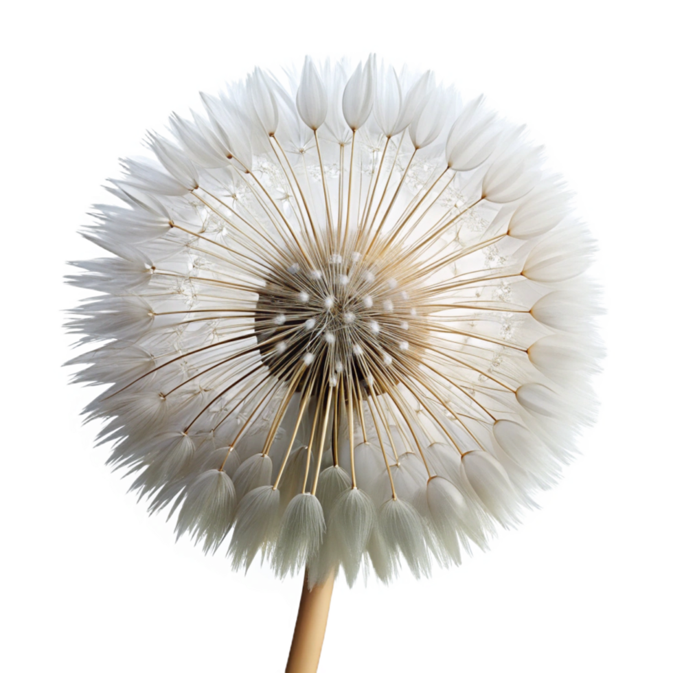 beautiful inspireSingle dandelion seehead, delicate white fluff, intricate seestructure, soft lighting, front view, product shot, isolateon transparent background,high-resolution product photography png