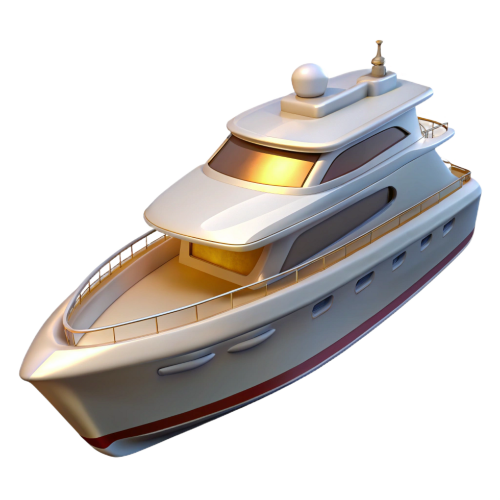 radiant bohemian Luxury yacht with white hull, sleek design, glossy finish, dramatic lighting, side view, isolateon transparent background,high-resolution product photography genuine png