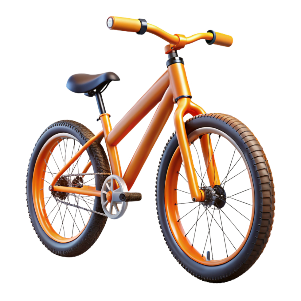 covetecreative Brannew mountain bike, vibrant orange frame, knobby tires, matte finish, studio lighting, side view, isolateon transparent background,high-resolution product photography impeccable png
