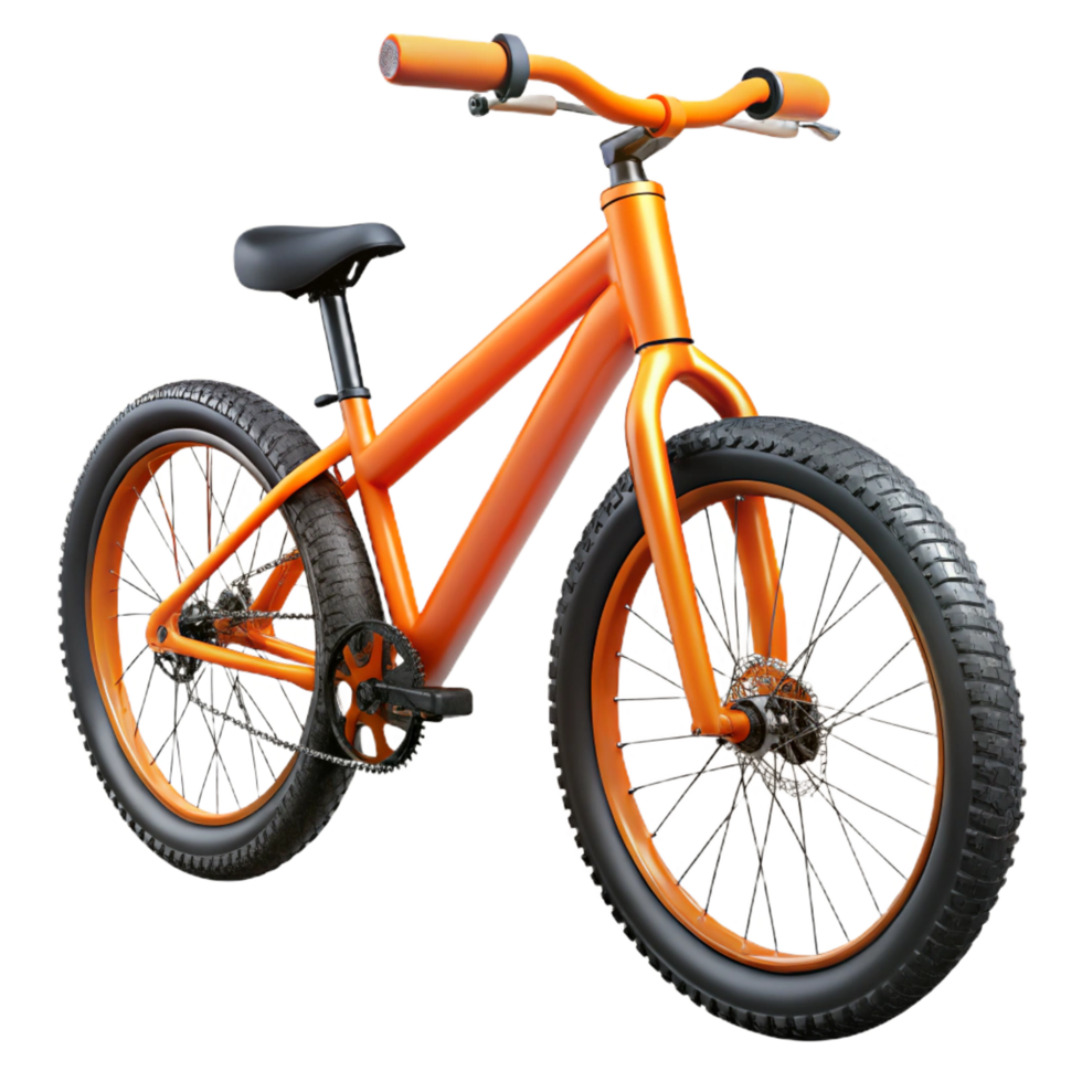 exquisite impressionist Brannew mountain bike, vibrant orange frame, knobby tires, matte finish, studio lighting, side view, isolateon transparent background,high-resolution product photography elite png