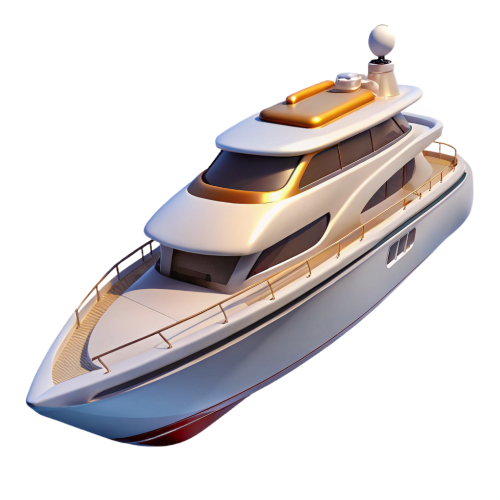 sought-after art deco Luxury yacht with white hull, sleek design, glossy finish, dramatic lighting, side view, isolateon transparent background,high-resolution product photography flawless png