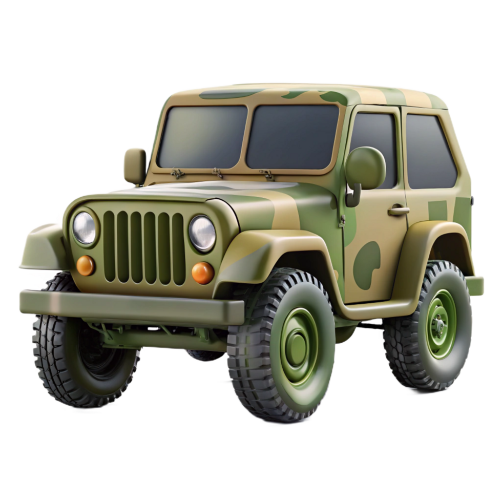celebrateabstract Military jeep, camouflage paint, ruggetires, matte finish, dramatic lighting, front view, isolateon transparent background,high-resolution product photography fine detail png