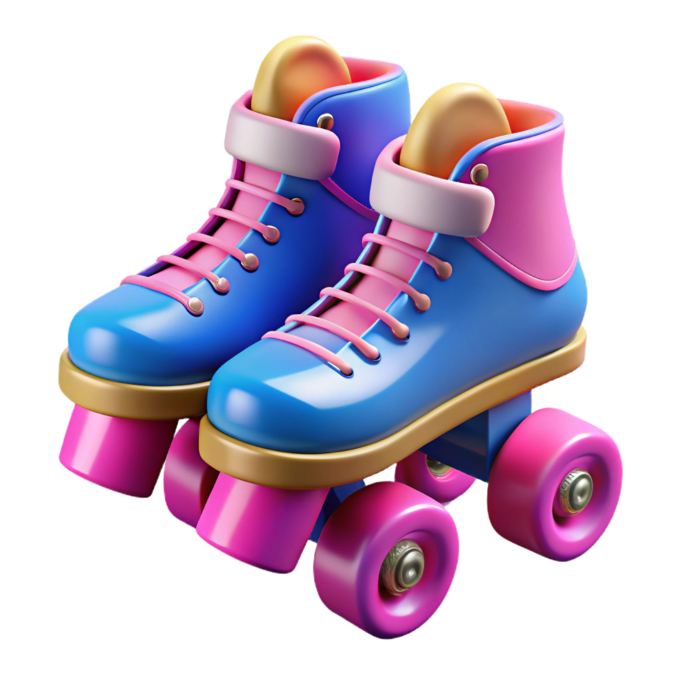 joyful spectacular Retro roller skates, bright pink anblue, leather straps, glossy finish, studio lighting, top-down view, isolateon transparent background,high-resolution product photography elite png