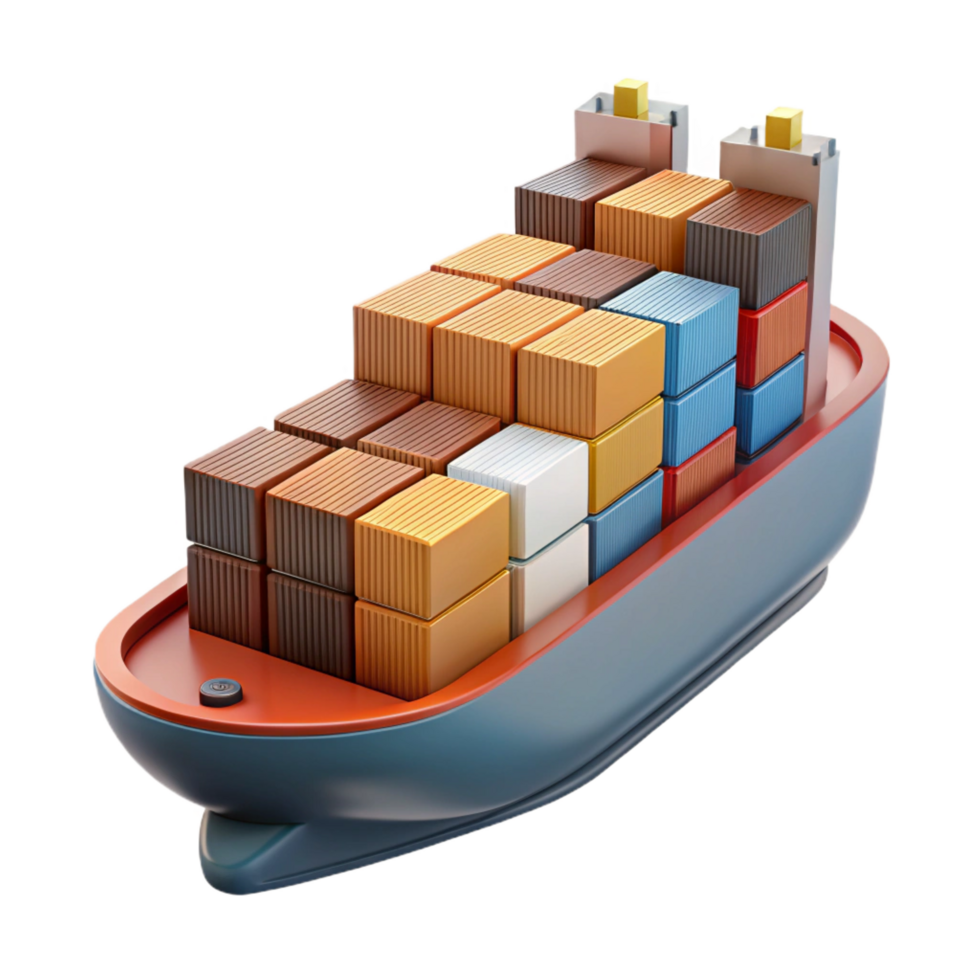 picturesque distinctive Cargo ship, containerizecargo, weatherehull, matte finish, soft lighting, side view, isolateon transparent background,high-resolution product photography png