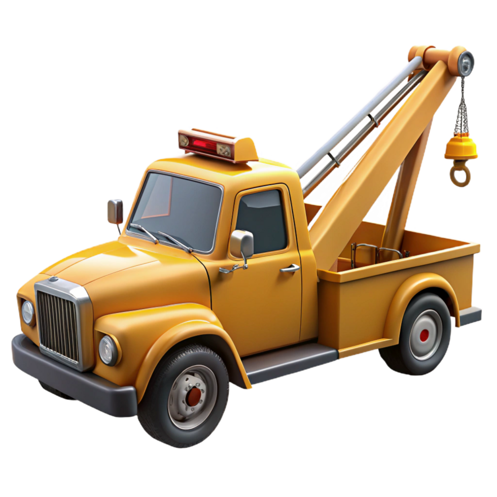 whimsical exquisite Tow truck with extendeboom, flashing lights, detailewinch, glossy finish, studio lighting, isolateon transparent background,high-resolution product photography authentic png