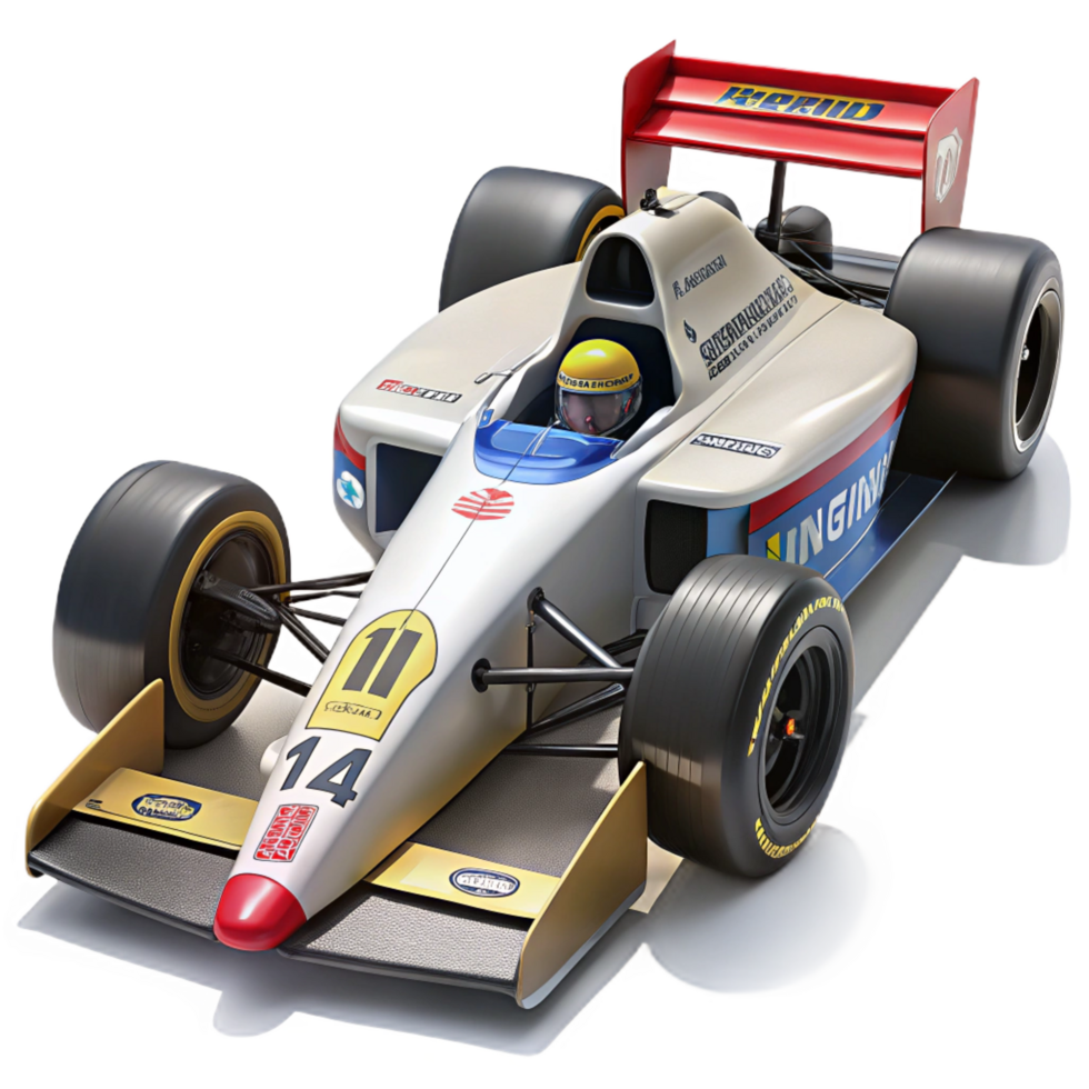 whimsical impressive Formula race car, aerodynamic design, sponsor logos, glossy finish, dramatic lighting, isolateon transparent background,high-resolution product photography original png
