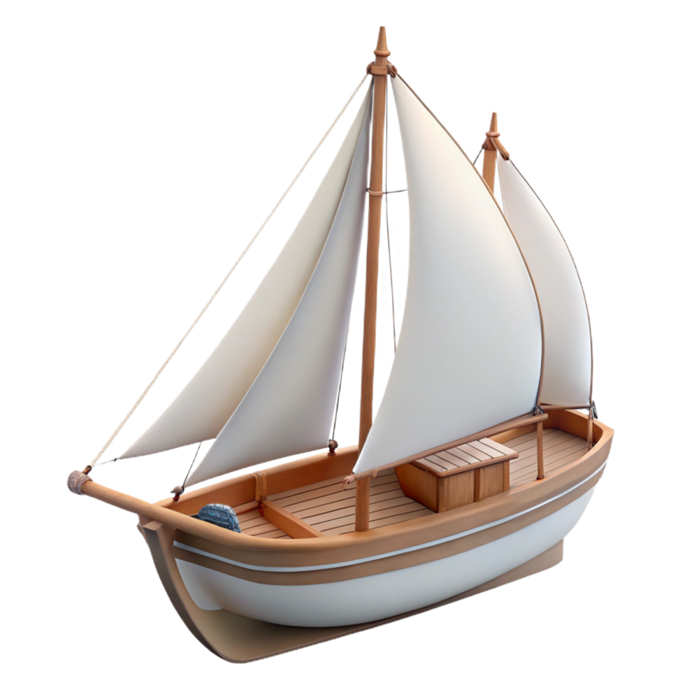 stunning retro Sailboat with white sails, wooden hull, detailerigging, soft lighting, side view, isolateon transparent background,high-resolution product photography genuine png