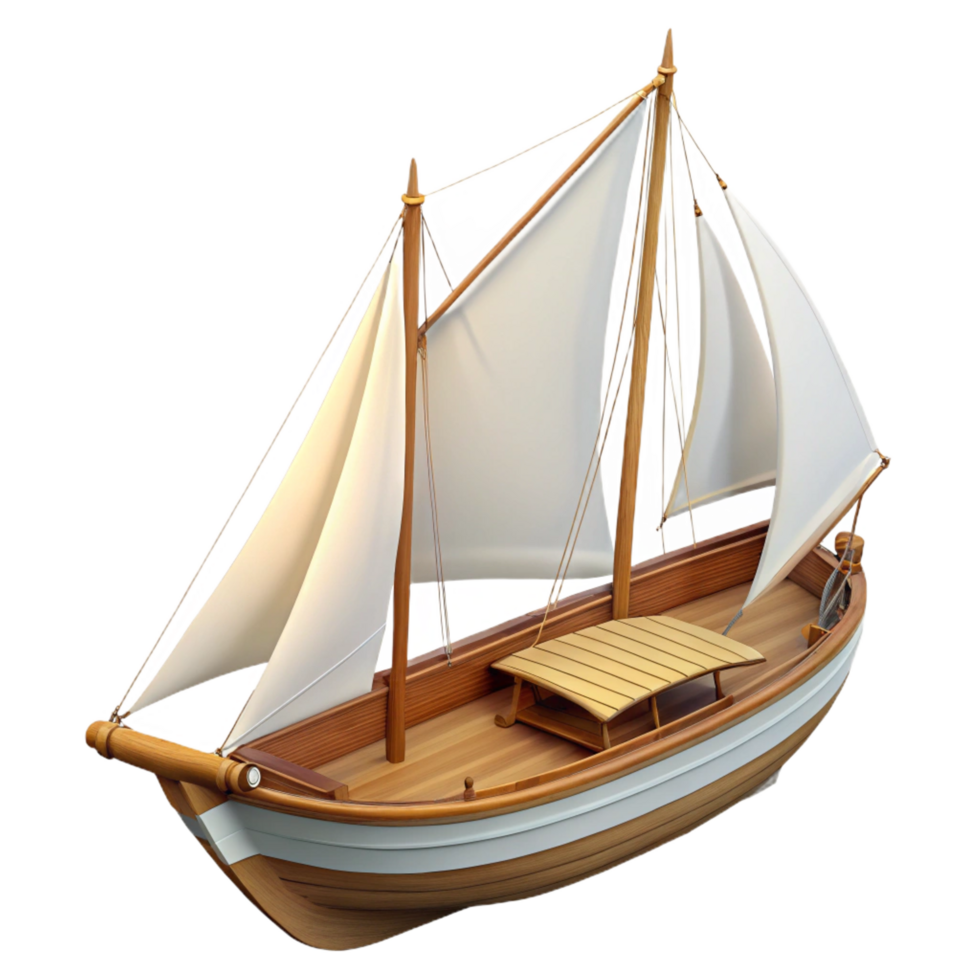 gorgeous energetic industrial Sailboat with white sails, wooden hull, detailerigging, soft lighting, side view, isolateon transparent background,high-resolution product photography gallery standard png