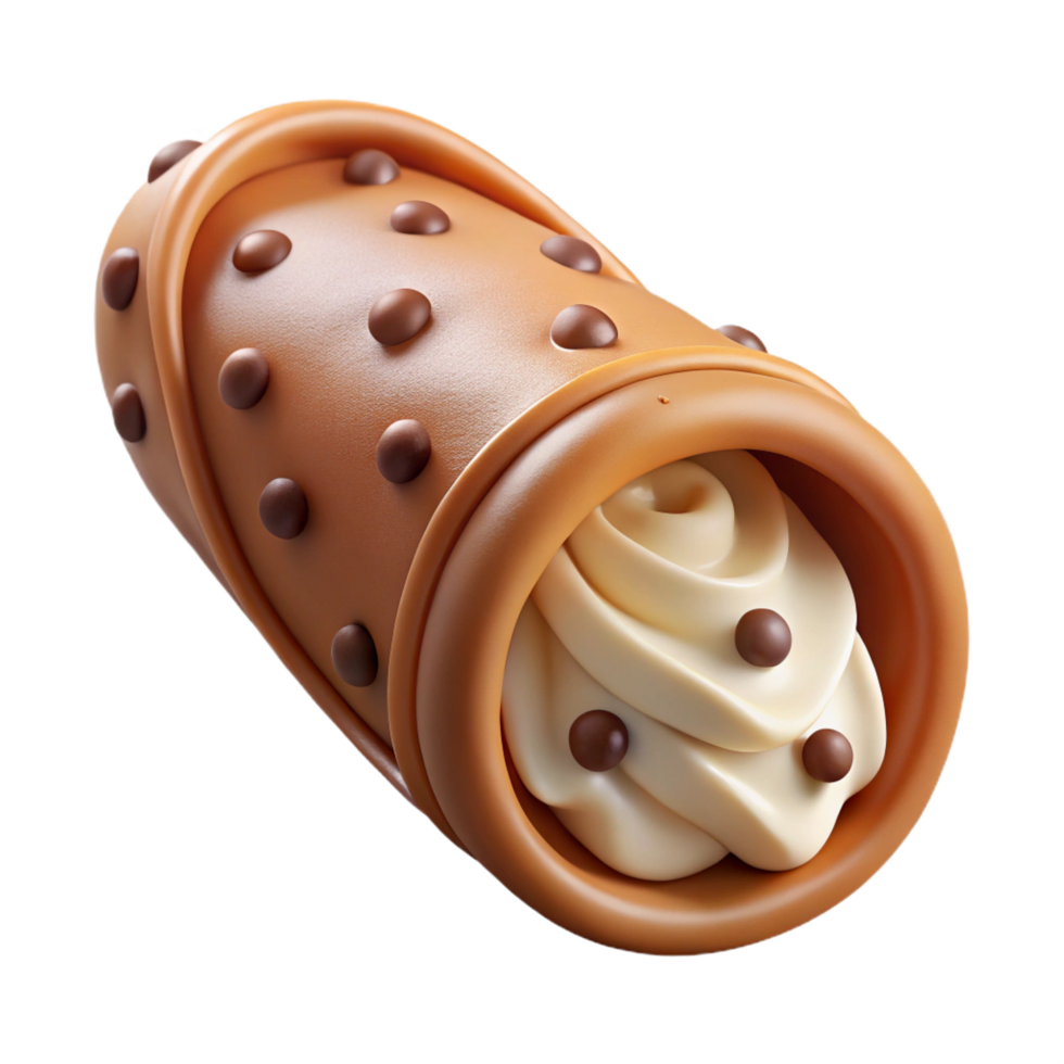 extraordinary baroque Cannoli, fillewith ricotta cream, dippein chocolate chips, studio lighting, side view, isolateon transparent background,high-resolution product photography high quality png