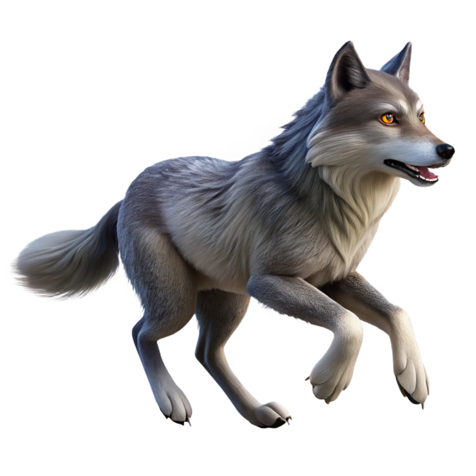 peaceful glorious Wolf running, dynamic pose, detailefur flowing, studio lighting, side view, photorealistic, isolateon transparent background,high-resolution product photography handcrafted png