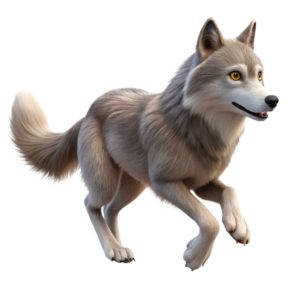 fascinating vintage Wolf running, dynamic pose, detailefur flowing, studio lighting, side view, photorealistic, isolateon transparent background,high-resolution product photography handcrafted png