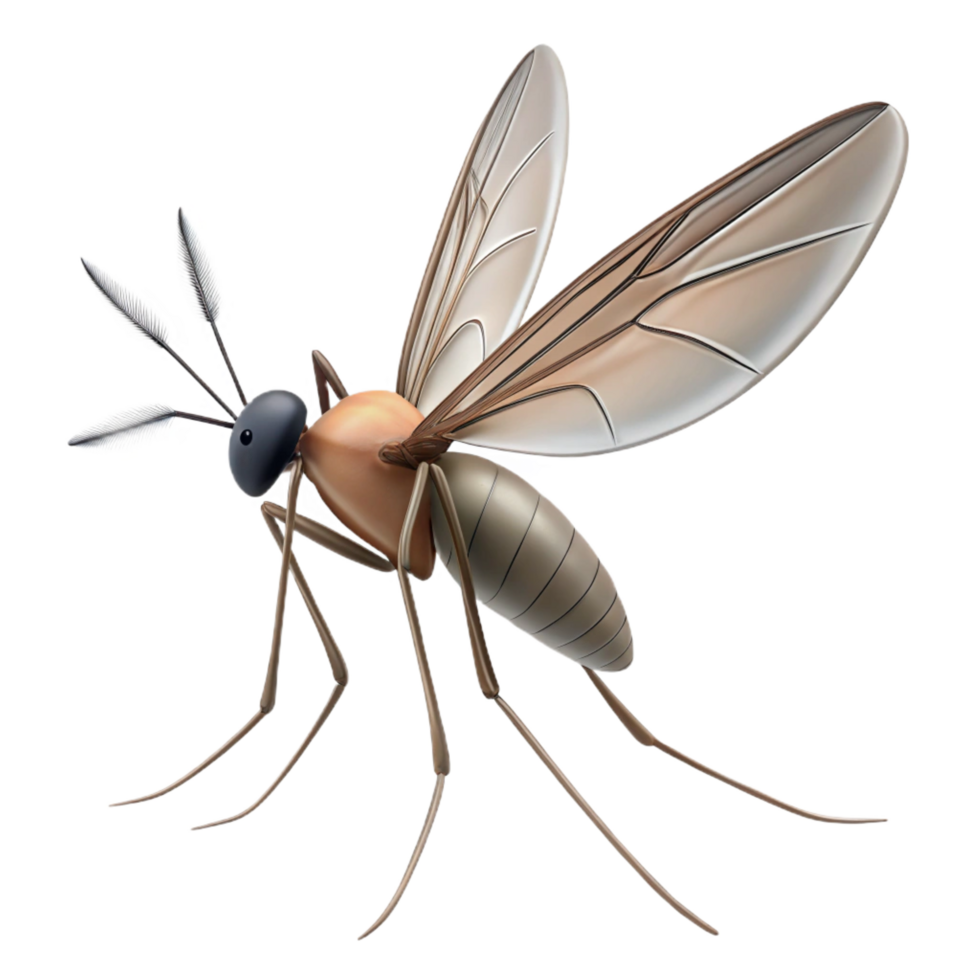 unparallelefuturistic Mosquito with delicate legs, thin proboscis, translucent wings, studio lighting, side view, minimalist, with transparent background,high-resolution product photography refined png