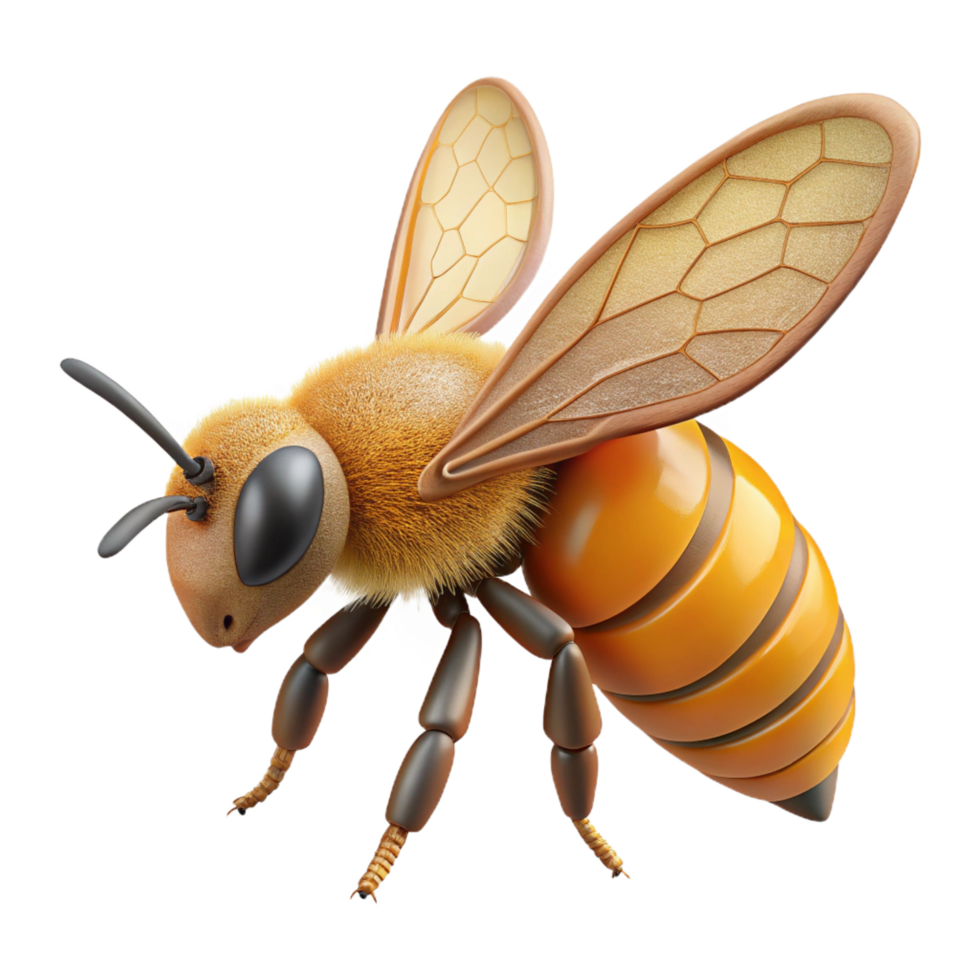 glorious urban Honeybee coverein pollen, detailehairs, translucent wings, studio lighting, side view, minimalist, isolateon transparent background,high-resolution product photography 4K png