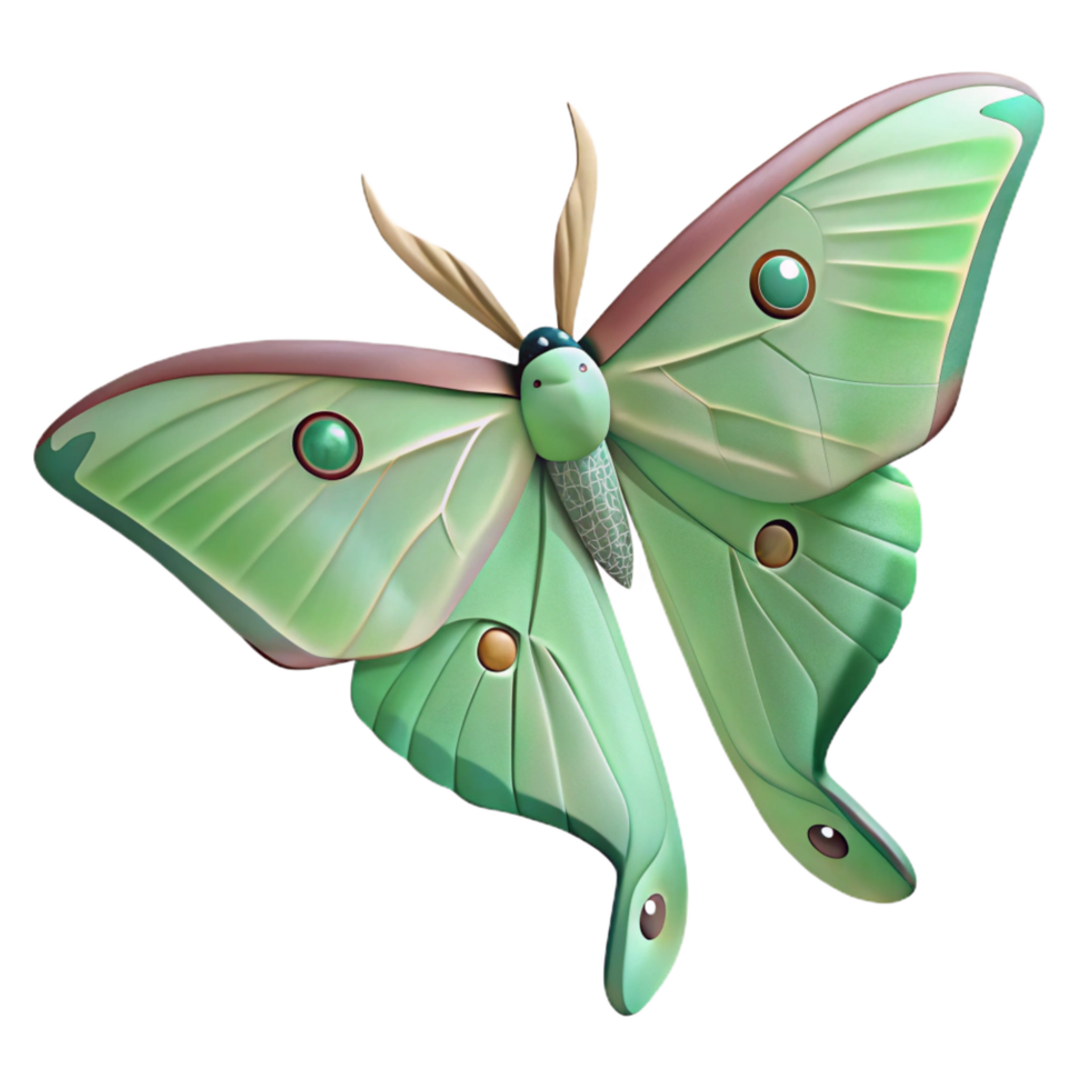 tranquil beautiful Luna moth with pale green wings, long tails, intricate eye spots, studio lighting, minimalist, with transparent background,high-resolution product photography perfect clarity png