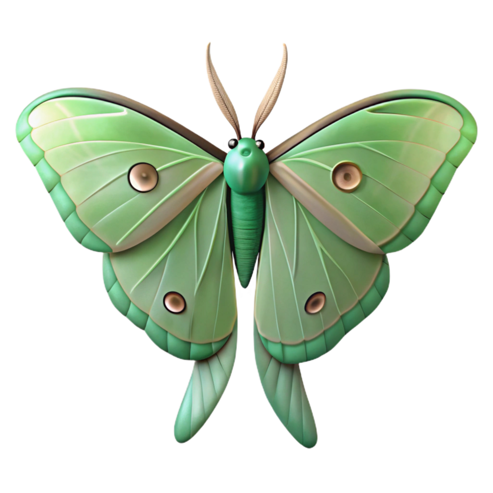 serene calm gothic Luna moth with pale green wings, long tails, intricate eye spots, studio lighting, minimalist, with transparent background,high-resolution product photography flawless png