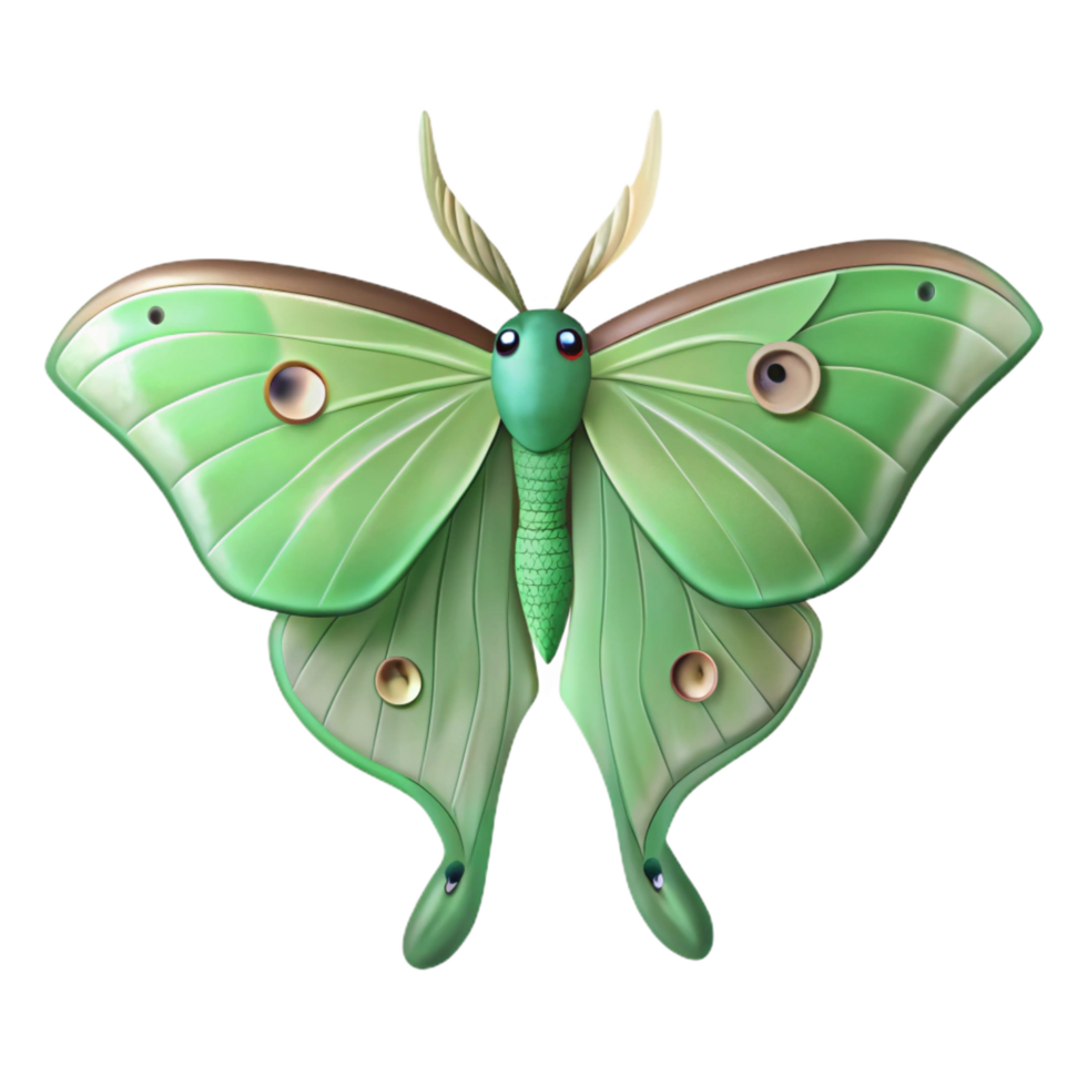 breathtaking standout Luna moth with pale green wings, long tails, intricate eye spots, studio lighting, minimalist, with transparent background,high-resolution product photography png