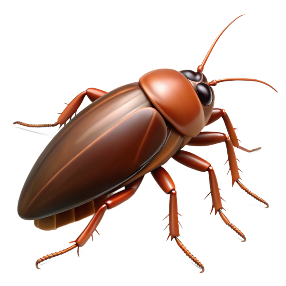 stunning reflective modern Cockroach with glossy brown exoskeleton, detaileantennae, long legs, dramatic lighting, minimalist, with transparent background,high-resolution product photography exclusive png