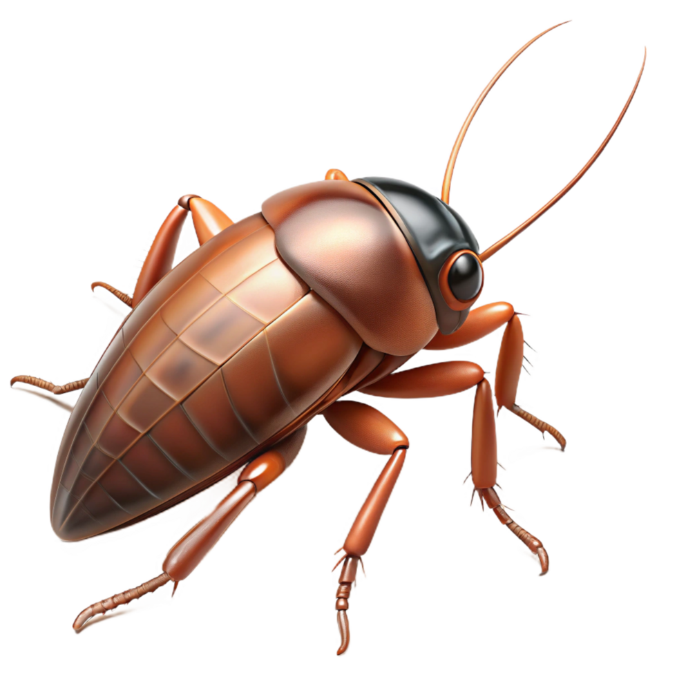 harmonious radiant Cockroach with glossy brown exoskeleton, detaileantennae, long legs, dramatic lighting, minimalist, with transparent background,high-resolution product photography precision png