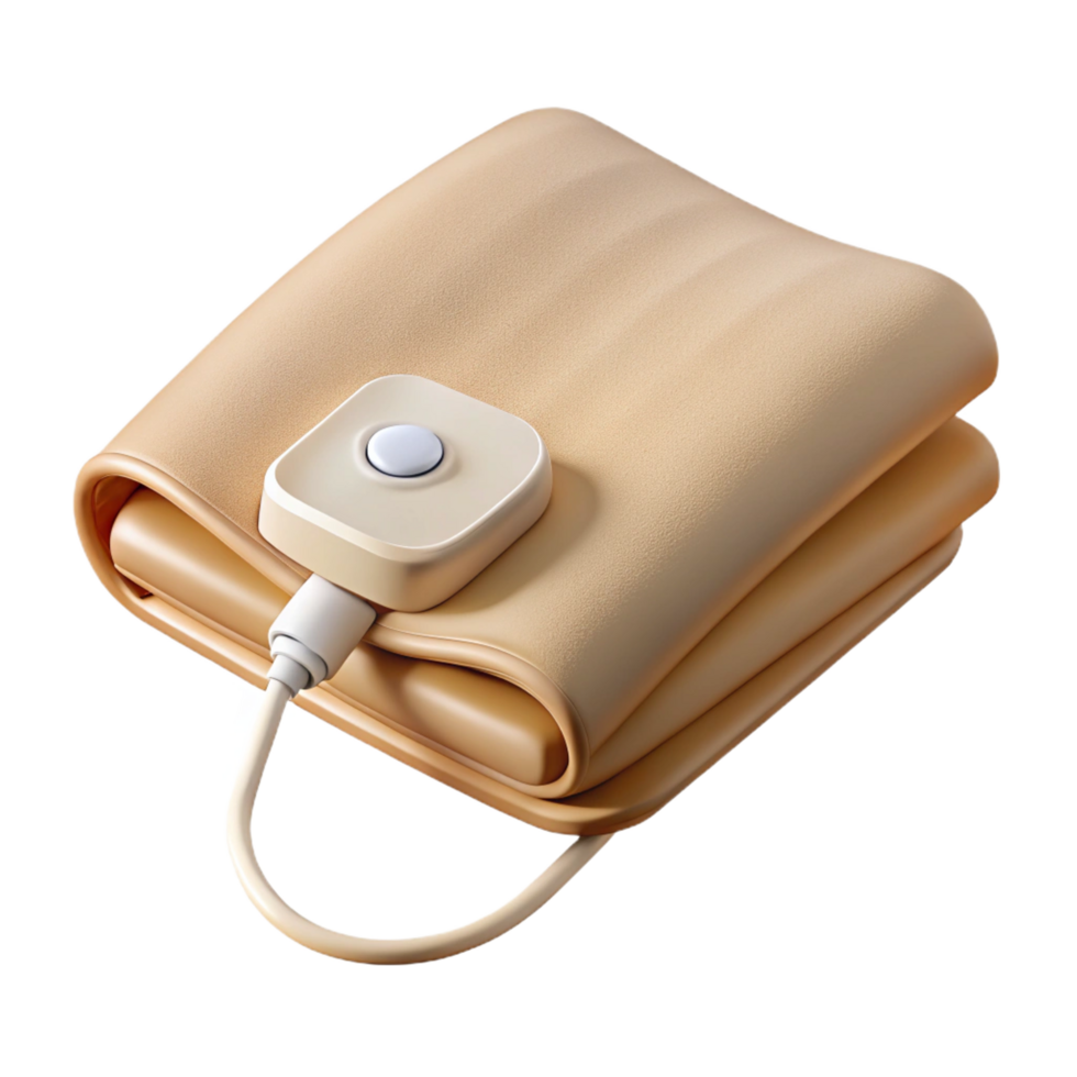 peaceful splendiElectric blanket, beige, control panel visible, neatly folded, studio lighting, top-down view, isolateon transparent background,high-resolution product photography handcrafted png