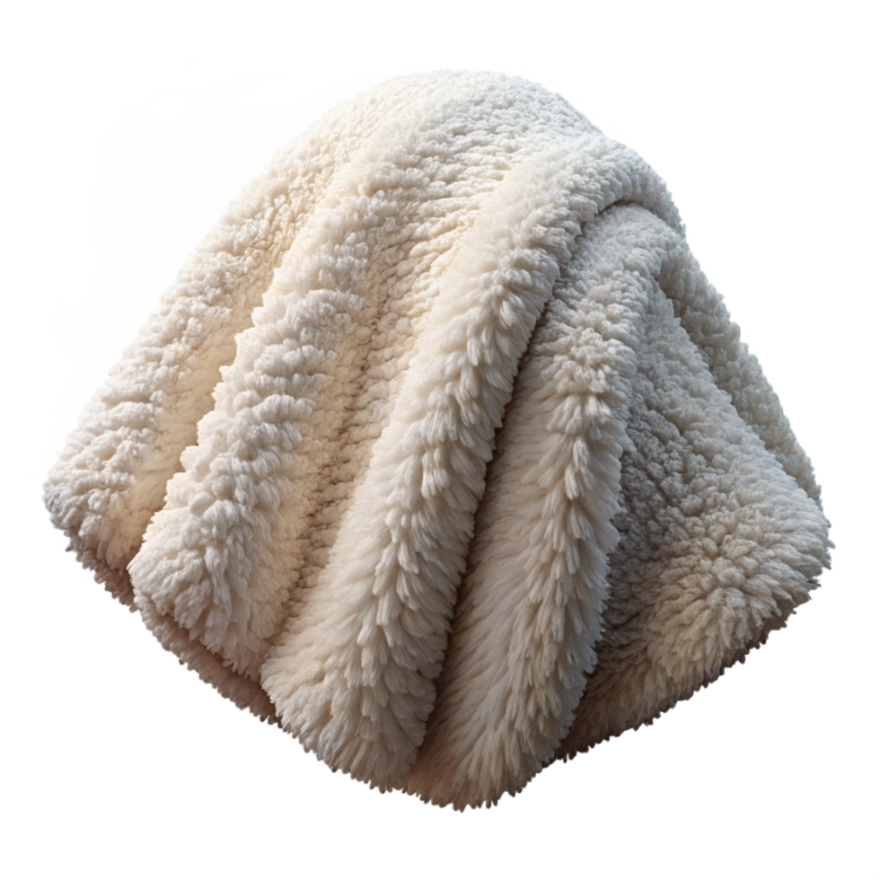 hypnotic classic Fluffy sherpa blanket, ivory white, soft folds, drapeover an invisible object, studio lighting, isolateon transparent background,high-resolution product photography premium png