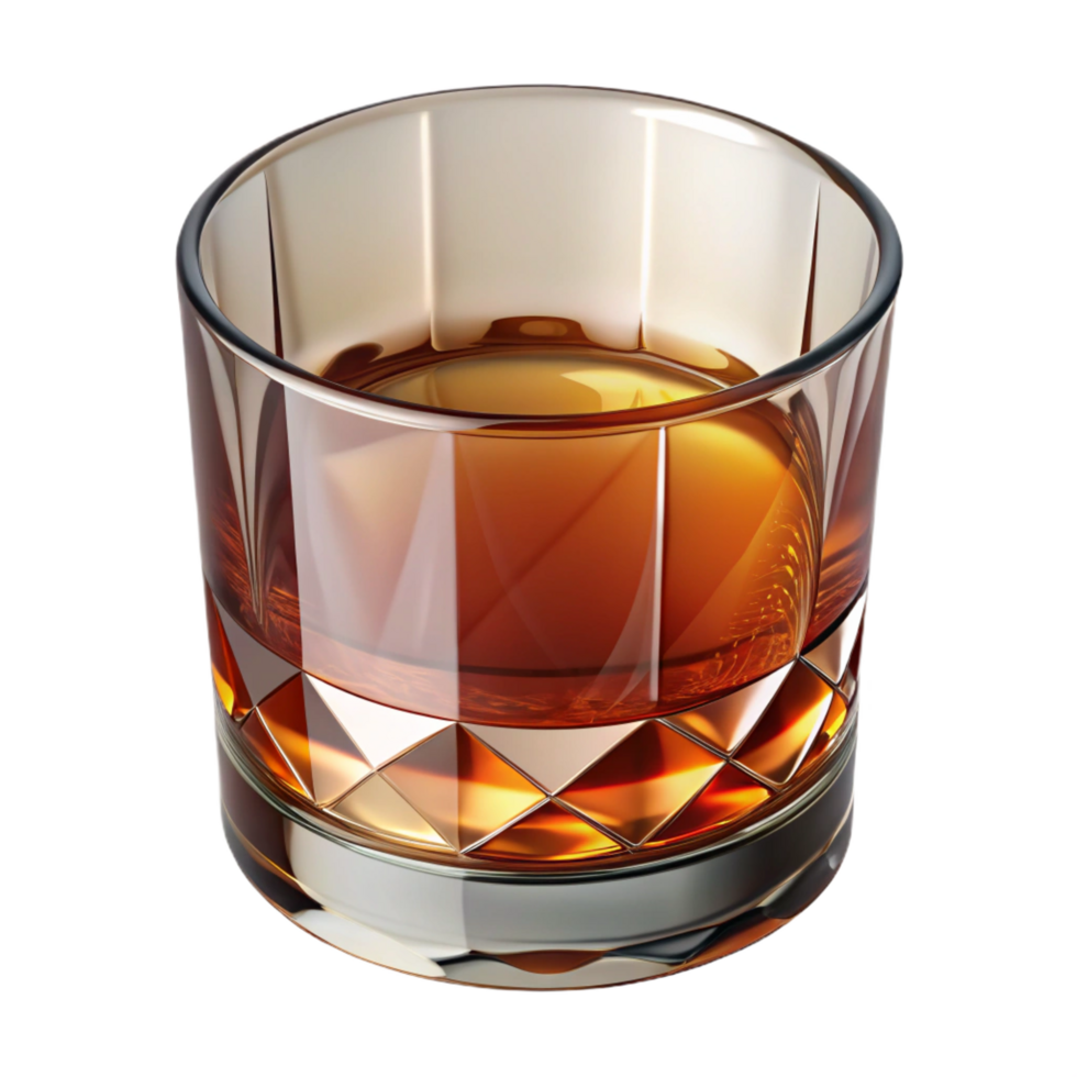 distinguishesurreal Whisky glass, short anwide, cut crystal, studio lighting, front view, isolateon transparent background,high-resolution product photography artisan png