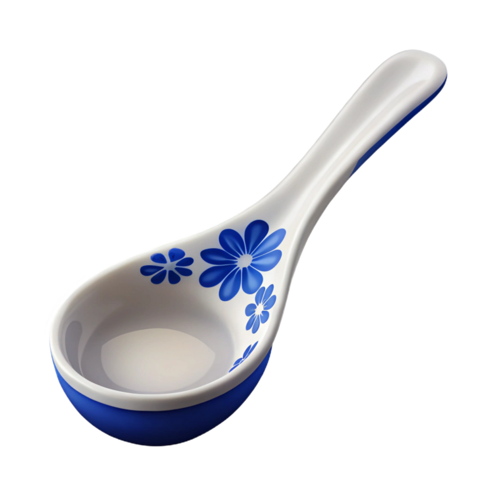 glorious abstract Soup spoon, ceramic, white with blue floral pattern, studio lighting, front view, isolateon transparent background,high-resolution product photography studio quality png