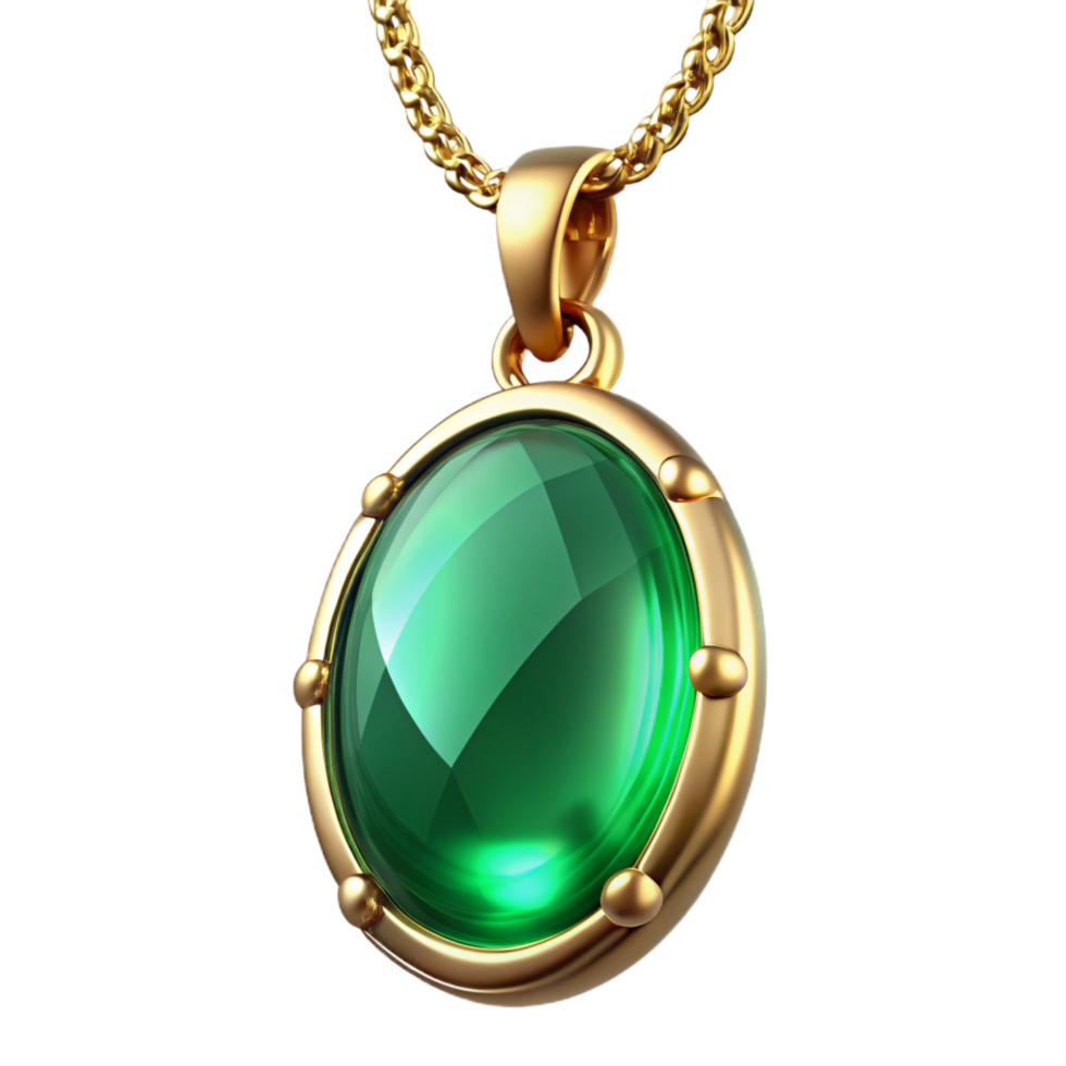 beautiful timeless Emeralpendant, oval-cut emeralin golsetting, delicate chain, dramatic lighting, front view, product shot, isolateon transparent background,high-resolution product photography png