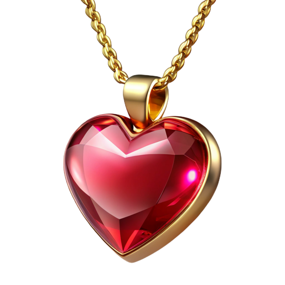 hypnotic unforgettable Ruby pendant necklace, heart-shaperuby, golchain, sparkling finish, soft lighting, product shot, isolateon transparent background,high-resolution product photography png