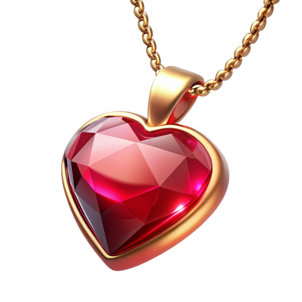 majestic romantic nordic Ruby pendant necklace, heart-shaperuby, golchain, sparkling finish, soft lighting, product shot, isolateon transparent background,high-resolution product photography ultra HD png