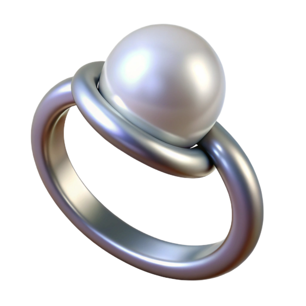 elegant creative Pearl ring, single pearl set in silver, glossy finish, studio lighting, front view, product shot, with transparent background,high-resolution product photography detailed png