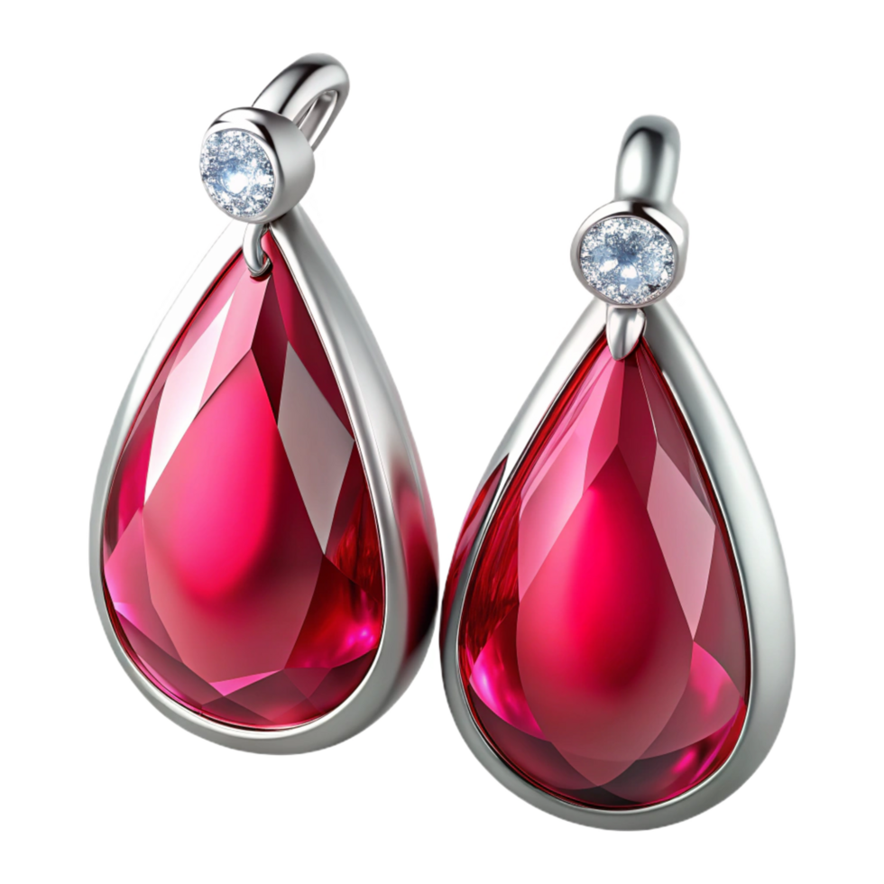 majestic standout Ruby earrings, pear-shaperubies, diamonaccents, white golsetting, sparkling finish, soft lighting, product shot, isolateon transparent background,high-resolution product photography png