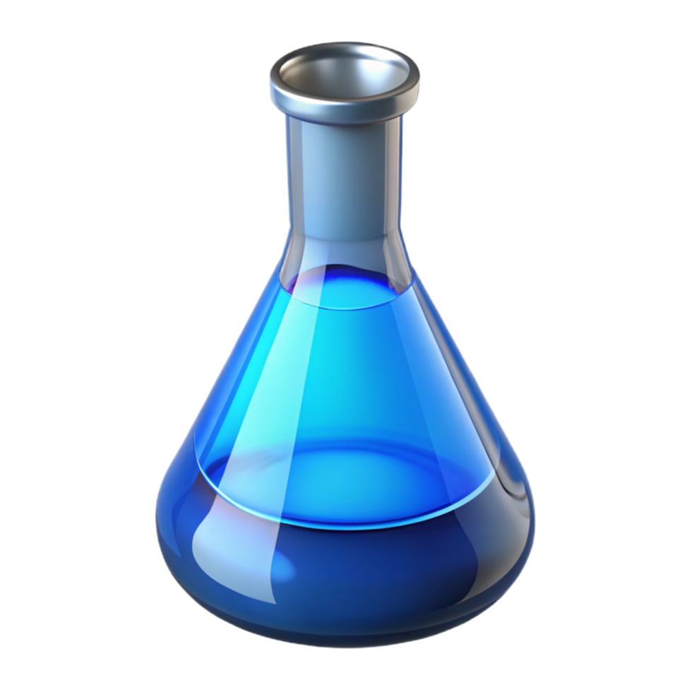 serene notable Glass Erlenmeyer flask with narrow neck, containing swirling blue liquid, studio lighting, side view, glossy finish, isolateon transparent background,high-resolution product photography png