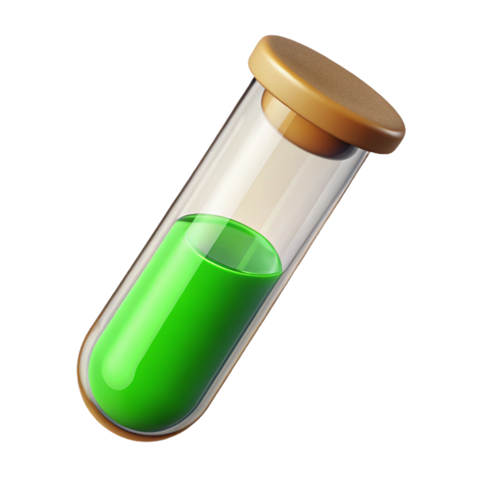 striking elegant Glass test tube fillewith vibrant green solution, cork stopper, soft lighting, front view, isolateon transparent background,high-resolution product photography genuine png