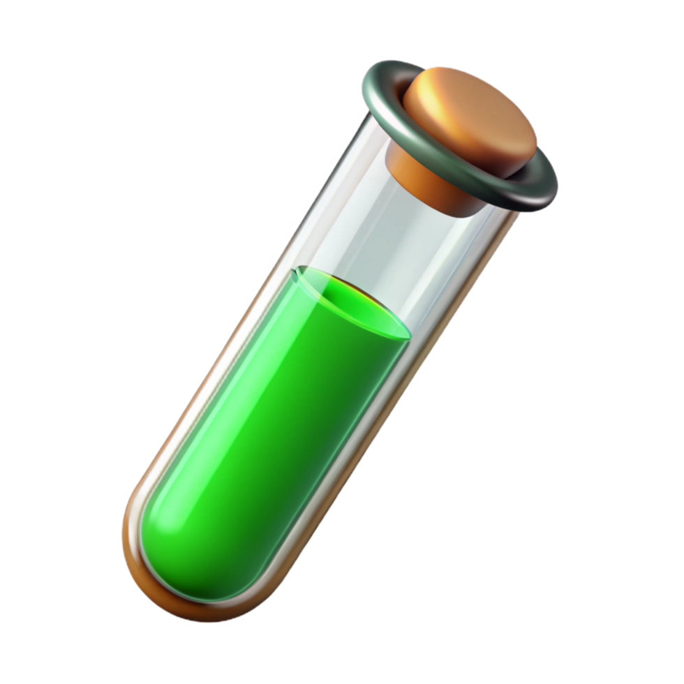 playful breathtaking Glass test tube fillewith vibrant green solution, cork stopper, soft lighting, front view, isolateon transparent background,high-resolution product photography precision png