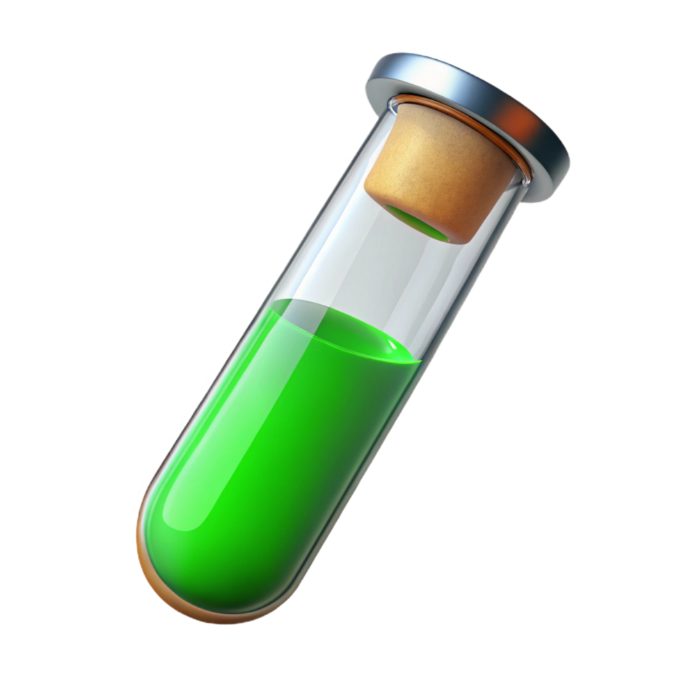 striking peaceful surreal Glass test tube fillewith vibrant green solution, cork stopper, soft lighting, front view, isolateon transparent background,high-resolution product photography ultra HD png