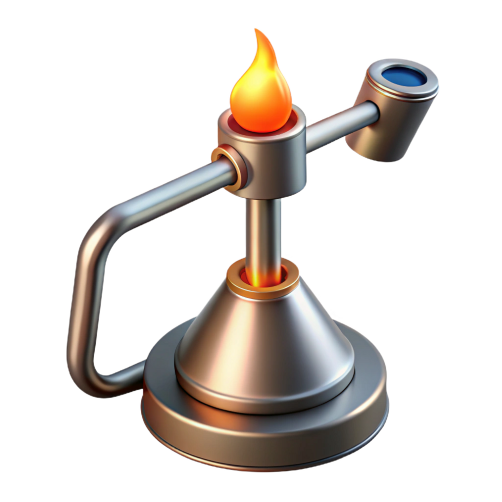 serene quintessential Bunsen burner with adjustable flame, metal base, studio lighting, front view, isolateon transparent background,high-resolution product photography png