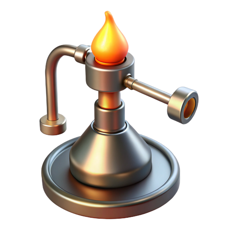 alluring vintage Bunsen burner with adjustable flame, metal base, studio lighting, front view, isolateon transparent background,high-resolution product photography refined png