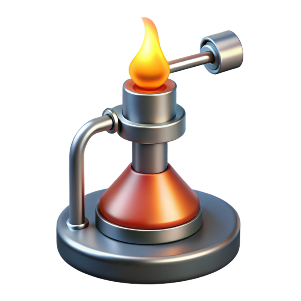 stunning tranquil mid-century Bunsen burner with adjustable flame, metal base, studio lighting, front view, isolateon transparent background,high-resolution product photography original png