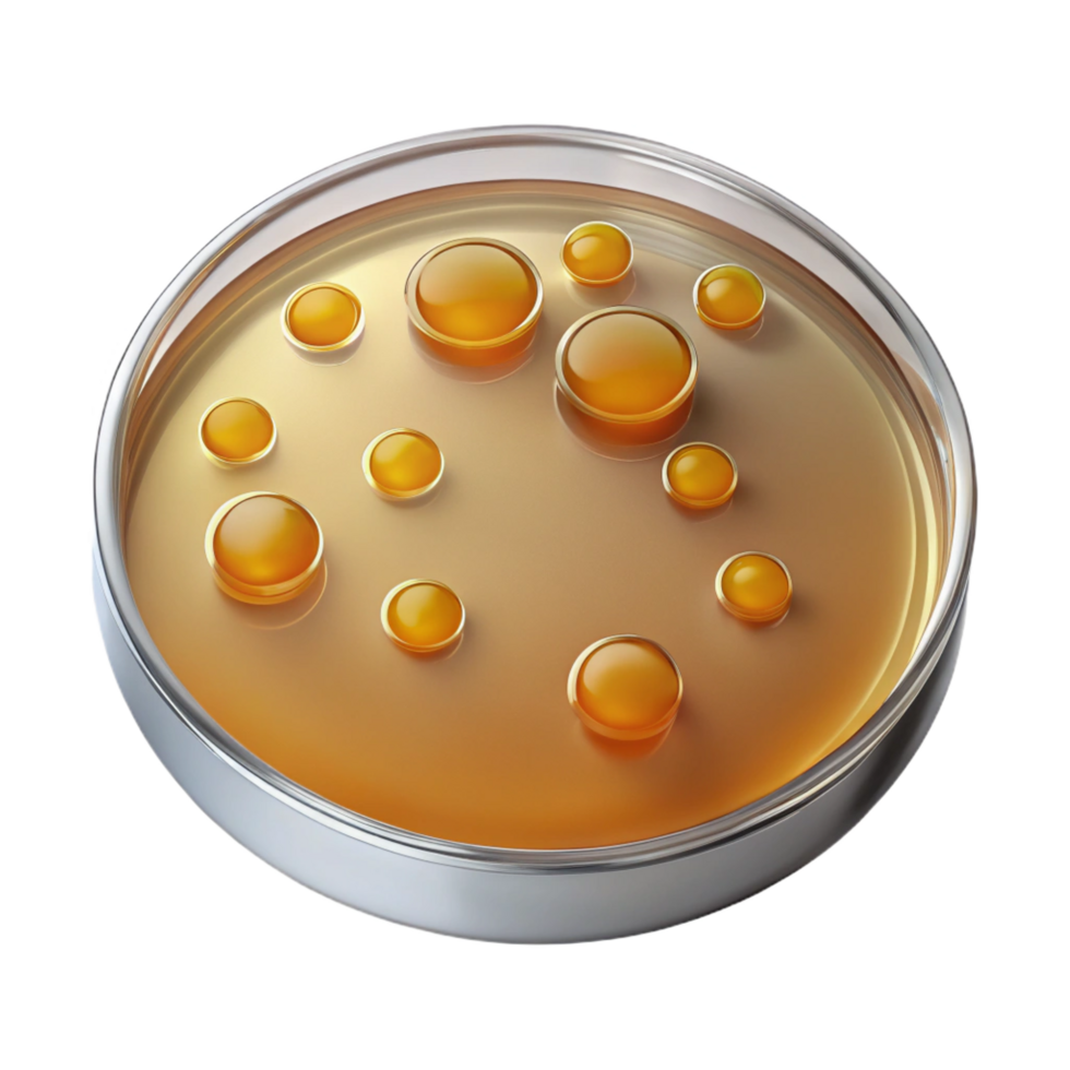 stunning distinctive Metal petri dish with agar gel anvisible bacterial colonies, studio lighting, top-down view, isolateon transparent background,high-resolution product photography png