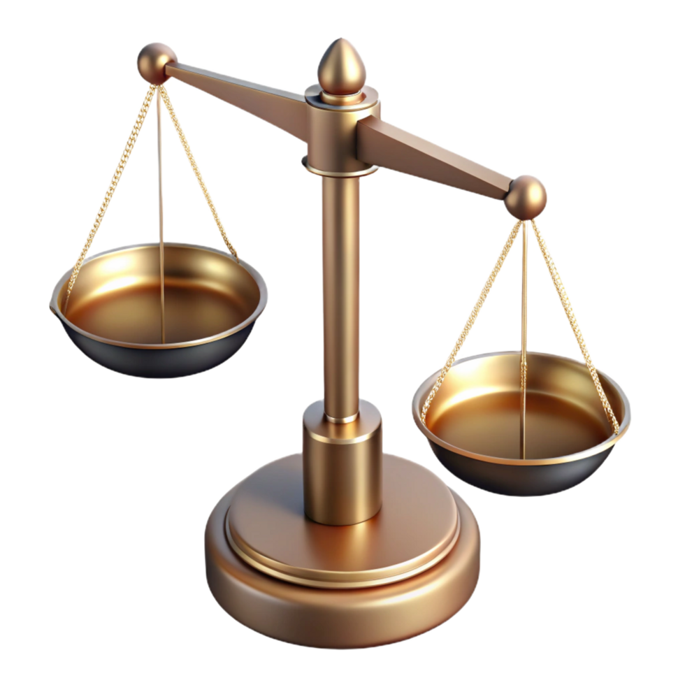 sought-after surreal Laboratory balance scale with two pans ancalibrateweights, brass finish, soft lighting, side view, isolateon transparent background,high-resolution product photography precision png