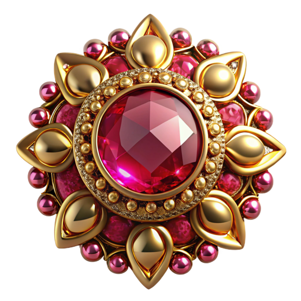 alluring iconic Ruby brooch, antique design with intricate goldwork, sparkling finish, dramatic lighting, front view, product shot, with transparent background,high-resolution product photography png
