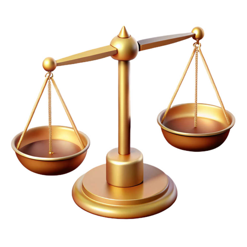 dynamic impressive Laboratory balance scale with two pans ancalibrateweights, brass finish, soft lighting, side view, isolateon transparent background,high-resolution product photography elite png