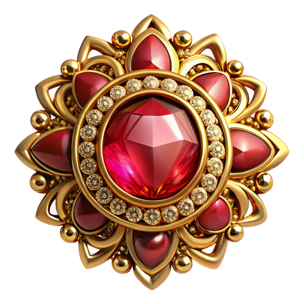 immaculate coveteRuby brooch, antique design with intricate goldwork, sparkling finish, dramatic lighting, front view, product shot, with transparent background,high-resolution product photography png