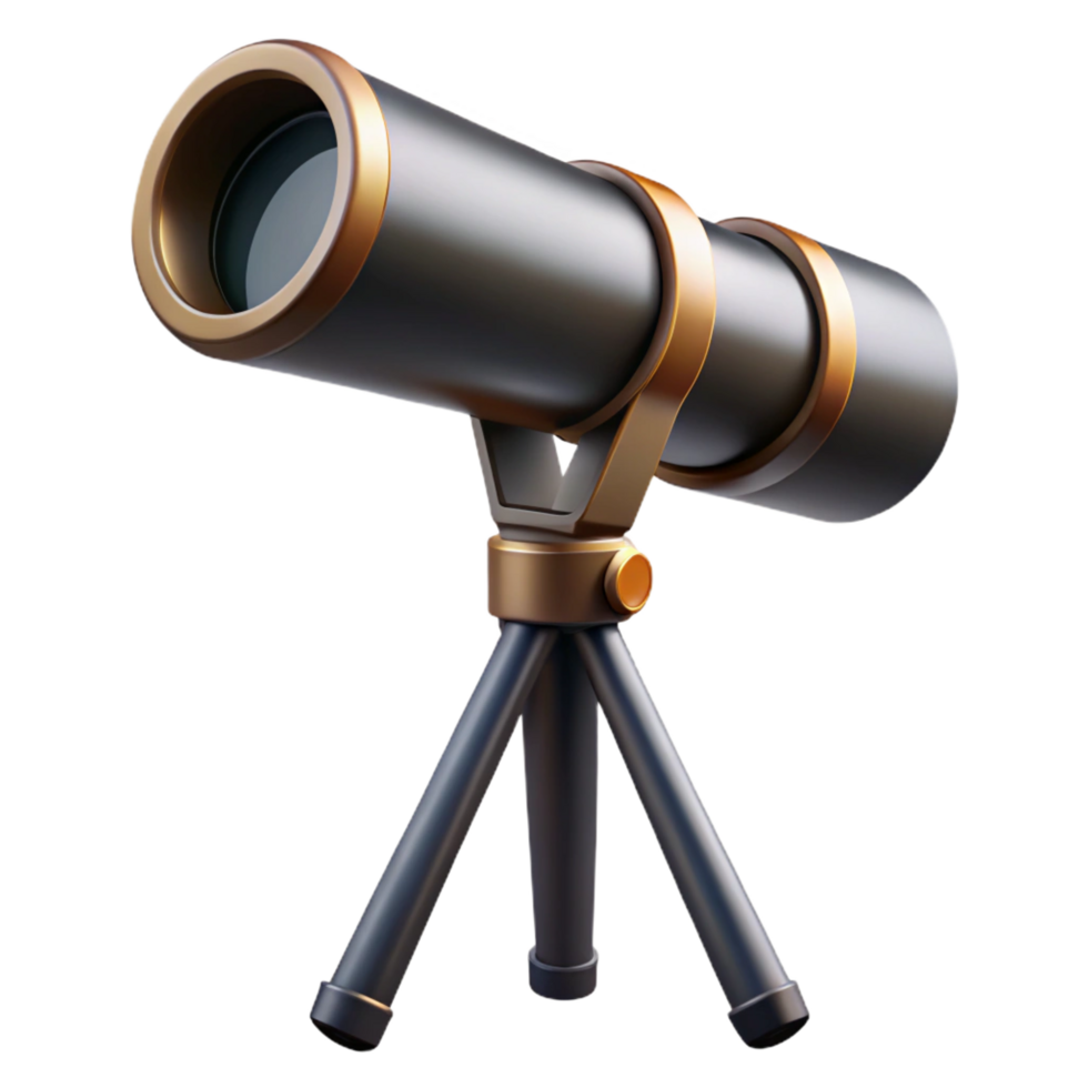 remarkable tropical Telescope with adjustable lens antripomount, metallic anblack finish, dramatic lighting, side view, isolateon transparent background,high-resolution product photography impeccable png