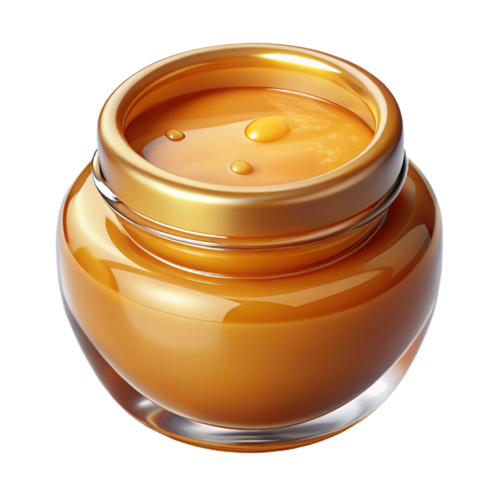 wonderful notable A glass jar of golden honey face mask, visible honey texture, soft lighting, studio photography, isolateon transparent background,high-resolution product photography png