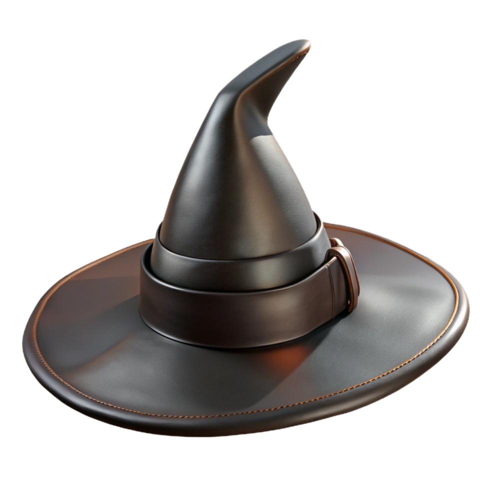 covetemodern Black witch's hat with pointecrown anwide brim, weathereleather texture, dramatic lighting, front view, isolateon transparent background,high-resolution product photography fine detail png