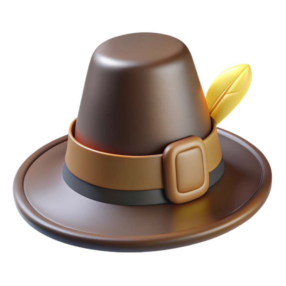 glorious futuristic Pilgrim hat with buckle anfeather, felt texture, front view, studio lighting, isolateon transparent background,high-resolution product photography premium png